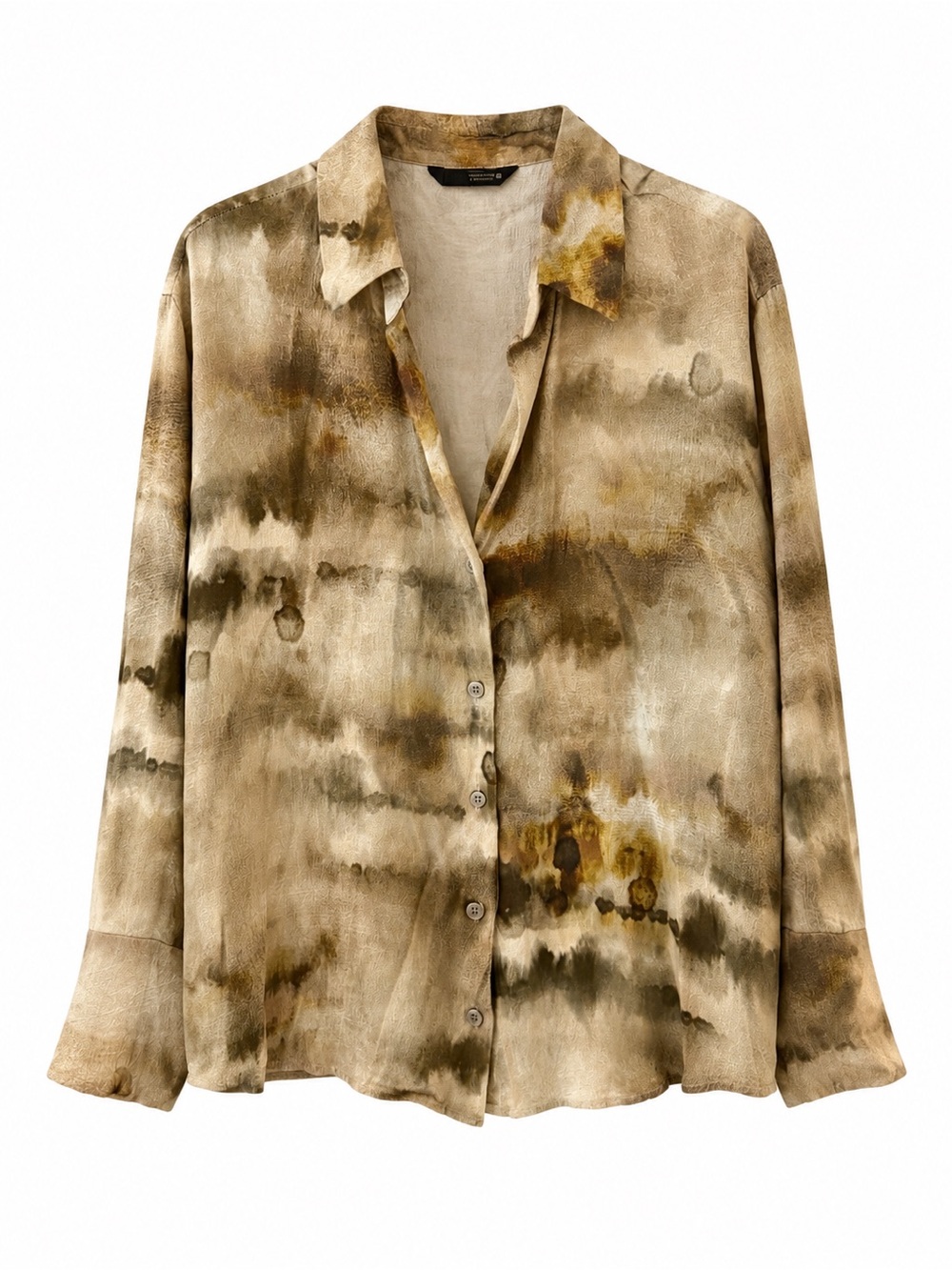 Zara Earthy Abstract Tie-Dye Wash Viscose Button Down Shirt Size S NWOT